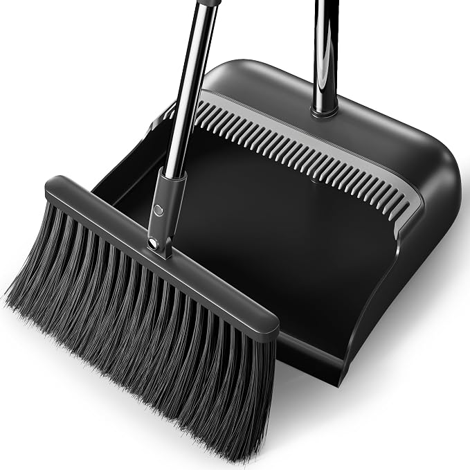 Spreezy Broom and Dustpan Set, 52" Upright Dust Pan with Cleaning Teeth | Long Handle Standing Dustpan No need to bend over Indoor Outdoor Home, Office, Black-Gray