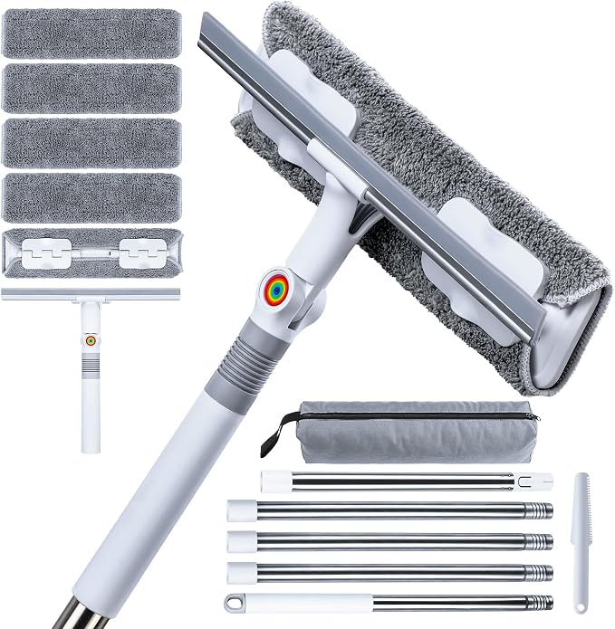 CTIME 80" Professional Window Squeegee Kit with Extension Pole, 5 Cloths | Safe Ladder-Free Reach; Anti-Rust Stainless Steel; 2-in-1 Wash/Dry; Bonus Storage Bag; Durable PP Handle; Streak-Free Finish
