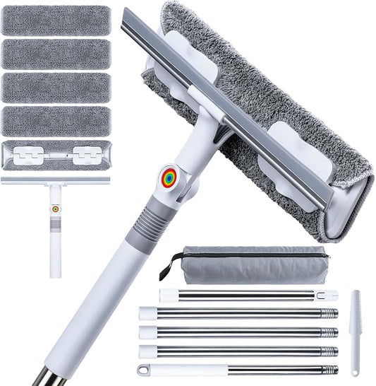 CTIME 80" Professional Window Squeegee Kit with Extension Pole, 5 Cloths | Safe Ladder-Free Reach; Anti-Rust Stainless Steel; 2-in-1 Wash/Dry; Bonus Storage Bag; Durable PP Handle; Streak-Free Finish