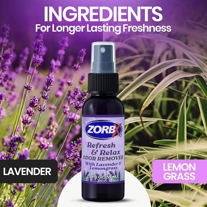 ZORBX Refresh & Relax Lavender Lemongrass Odor Remover Spray 2 Oz | Non-Aerosol Fabric Deodorizer & Room Freshener for Couch, Furniture, Home, Bathroom, Car, Gym & Laundry, Permanent Solution