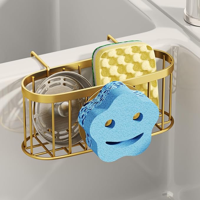 SWTYMIKI Sponge Holder for Kitchen Sink - Movable Sink Caddy with Smiley Face Sponge Holder, Rustproof Hanging Sponge Organizer in Double Bowl Sinks Depth>3.15in, Middle Divider<1.5in, Gold