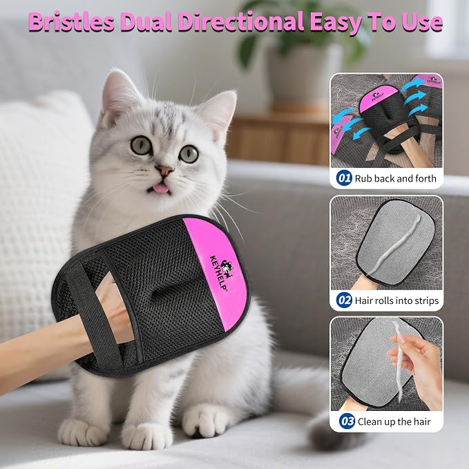 Pet Hair Removal Glove for Dogs & Cats, Newly Upgraded Reusable Electrostatic Pet Hair Glove, Magic Brush Pet Hair Remover Tool for Clothing, Couch, Carpet, Car Seat（Pink）