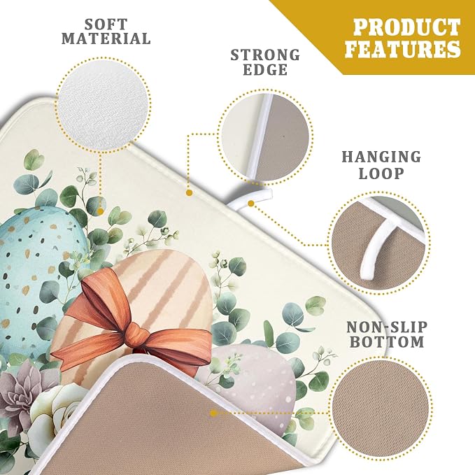 Happy Easter Eggs Dish Drying Mat 16x18 Inch Easter Day Eggs Flowers Dishes Pad Dish Drainer Rack Mats Absorbent Fast Dry Kitchen Accessories Spring Easter Holiday Drying Mat for Countertop Tableware