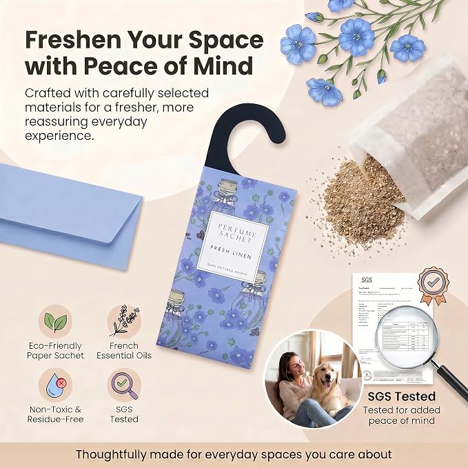 Large 12 Packs Fresh Linen Hanging Scented Sachets Long-Lasting Closet Deodorizer Air Freshener Fabric Refresher Odor Eliminator for Drawer Home Fragrance Gift Set