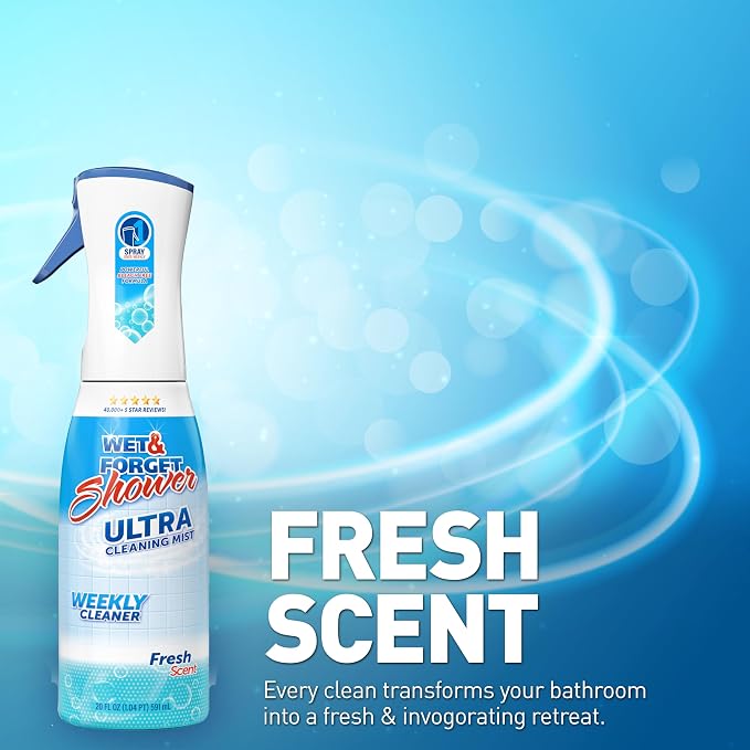 WET & FORGET Shower Ultra Cleaner Mist Fresh Scent No-Scrub Weekly Bathroom Spray for Fiberglass, Tile, Glass, Grout & More, 1 Spray and 1 Refill, 20oz each