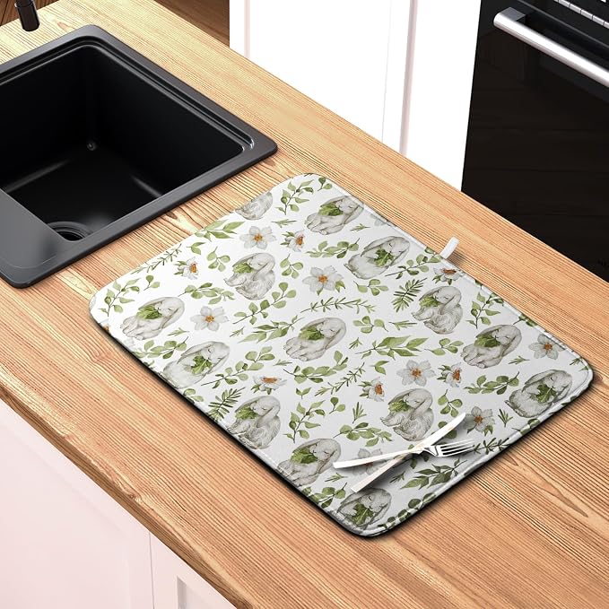 Easter Bunny Floral Drying Mat for Kitchen Counter Spring Easter Rabbits Green Leaves Dry Dish Mat Absorbent Microfiber Dish Draining Washable Dish Drainer Rack Mat 16x18 Inch