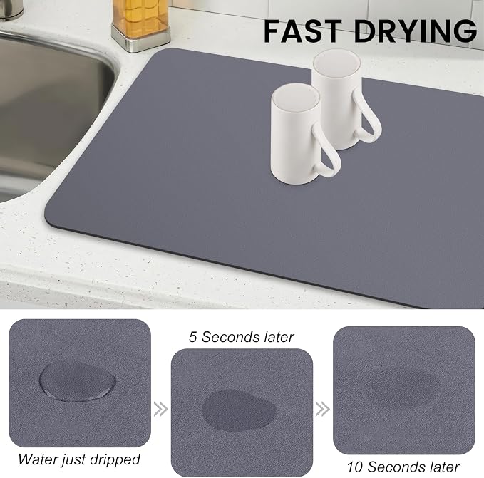 WISELIFE Dish Drying Mat Super Absorbent Drying Mat Large Dish Drying Mats for Kitchen Counter Easy Clean Dish Mat Kitchen Drying Mat16"x 24" Classic Grey