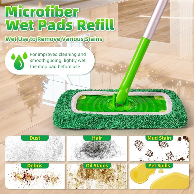 Reusable Microfiber Mop Pads Compatible with Swiffer Sweeper Mop - Heavy Duty Wet Pads Refill & Washable Wet Cloths for Multi-Surface Floor Mopping - Stubborn Stains Removal (Forest Green ）