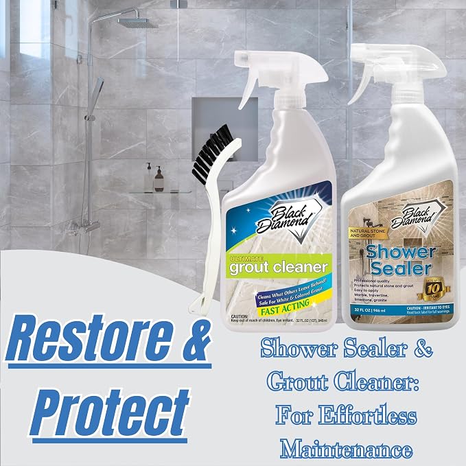 Black Diamond Stoneworks Natural Stone Shower Sealer Quart + Ultimate Grout Cleaner with Brush Quart (2-Pack) – Seals & Protects Showers, Deep Cleans Tile & Grout