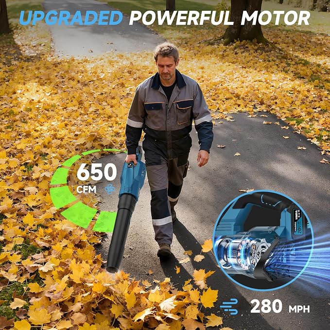 Leaf Blower Cordless, 650CFM Electric Leaf Blowers with 2 x 5.2Ah Batteries and Charger, 3 Speed Modes, 1 x Adjustable Shoulder Strap, Powerful Blowers for Lawn Care, Patio, Dust, Blowing Leaves
