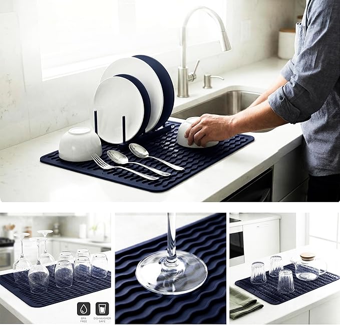 MicoYang Silicone Dish Drying Mat — Quick-Dry Ridges Counter & Sink Pad, Heat-Resistant Trivet to 450°F, Non-Slip & Dishwasher Safe, Roll-Up Storage, 18 Colors & 9 Sizes (Navy Blue, 16"×12")