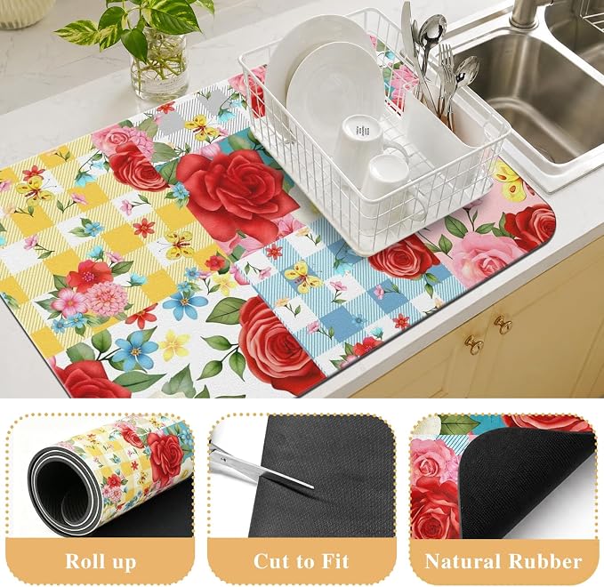 Kitchen Countertop Dish Drying Mat,Super Absorbent Coffee Bar Mat for Maker Espresso Machine, Anti-Slip Accessories for Kitchen Countertops 19x12 Inch