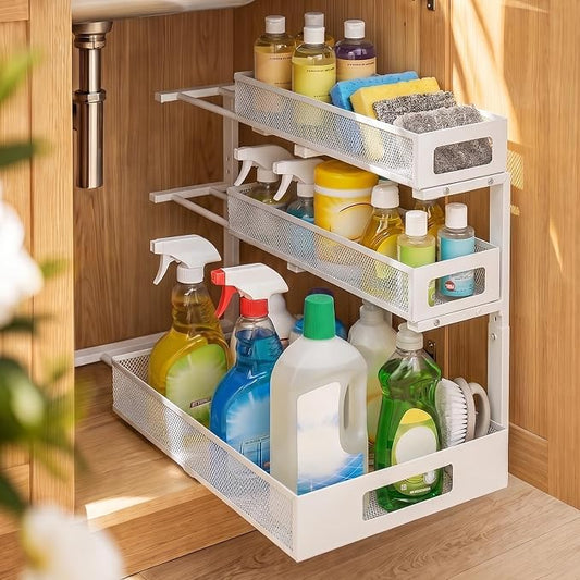 3 Tier Under Sink Organizer,1 Pack Pull Out Cabinet Shelves with Adjustable Height,Heavy Duty Carbon Steel L-Shaped Storage for Kitchen Bathroom Sink,Pantry & Laundry,White