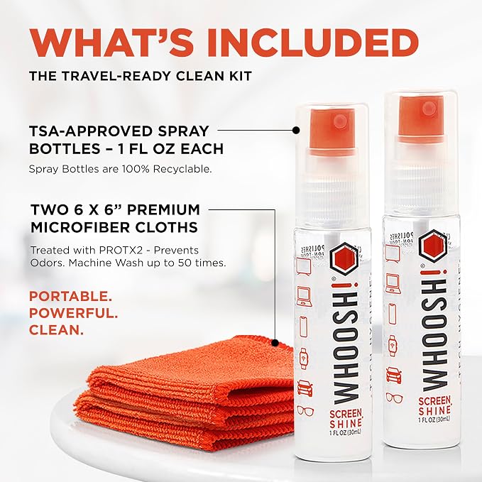 WHOOSH! Screen Shine Go 2-Pack – Two 1 fl oz Refillable Touchscreen Cleaners with Microfiber Cloths for Car, iPad, Laptop and Eyeglasses – Powerful Streak-Free Cleaning – Pocket-Sized, TSA-Approved