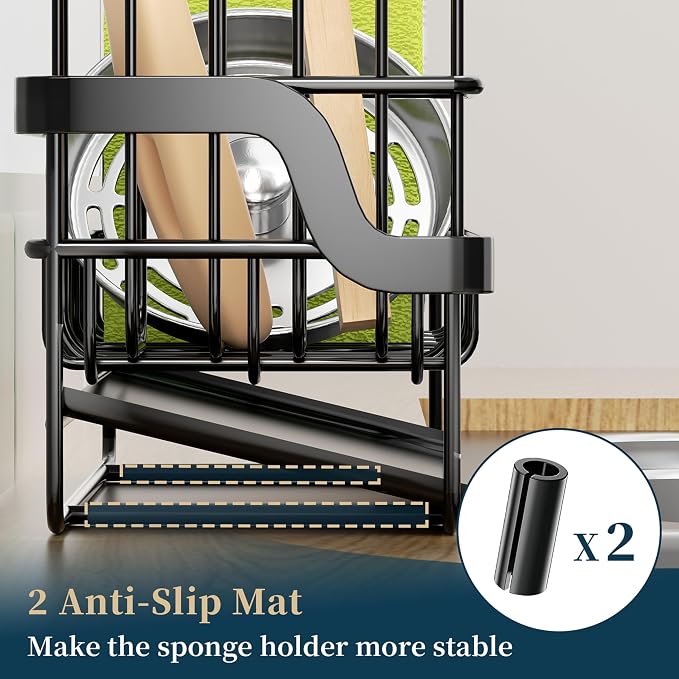 Consumest Sponge Holder for Kitchen Sink - Sink Caddy with Stainless Steel Self Drain Tray, Sink Organizer with High Brush Holder Countertop for Kitchen Sink Accessories, Black