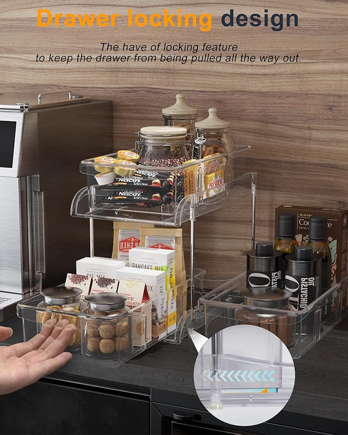 Sevenblue 2 Pack Under Sink Organizer with Sliding Drawers, Under Bathroom Cabinet Organizer with Hooks Hanging Cup, Multi-Purpose Storage Shelf for Kitchen Bathroom (Clear, 10.6 Inch)