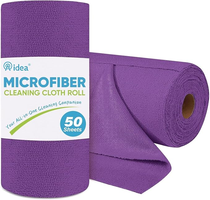 AIDEA Microfiber Cleaning Cloth Roll-50PK, Reusable Paper Towels 11.5×11.5" | Tear Away Cloth, Microfiber Towels for Cars, Lint Free Cleaning Rags for House, Kitchen, Window, Purple