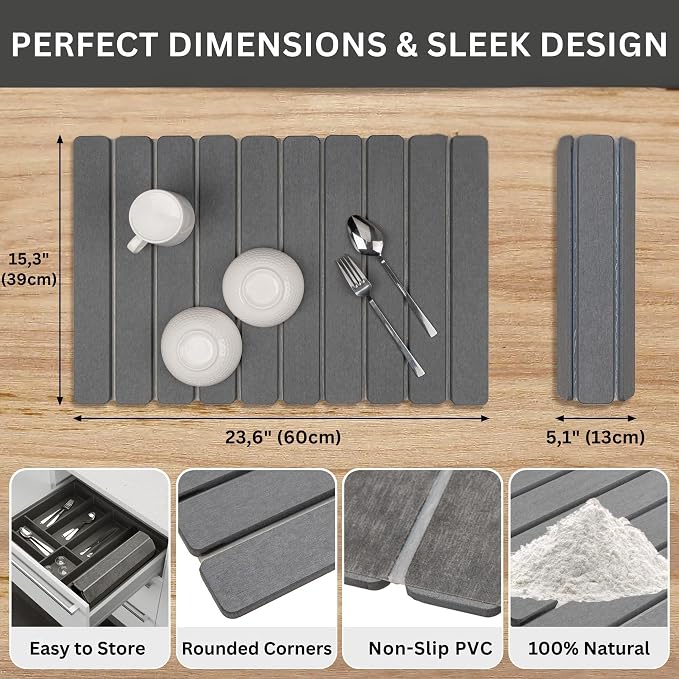 Stone Drying Mat for Kitchen Counter, 24"x16" Large Dark Gray Foldable Diatomaceous Earth Mat, Quick-Dry Super Absorbent Stone Dish Drying Mat for Dishes Bottles Cups