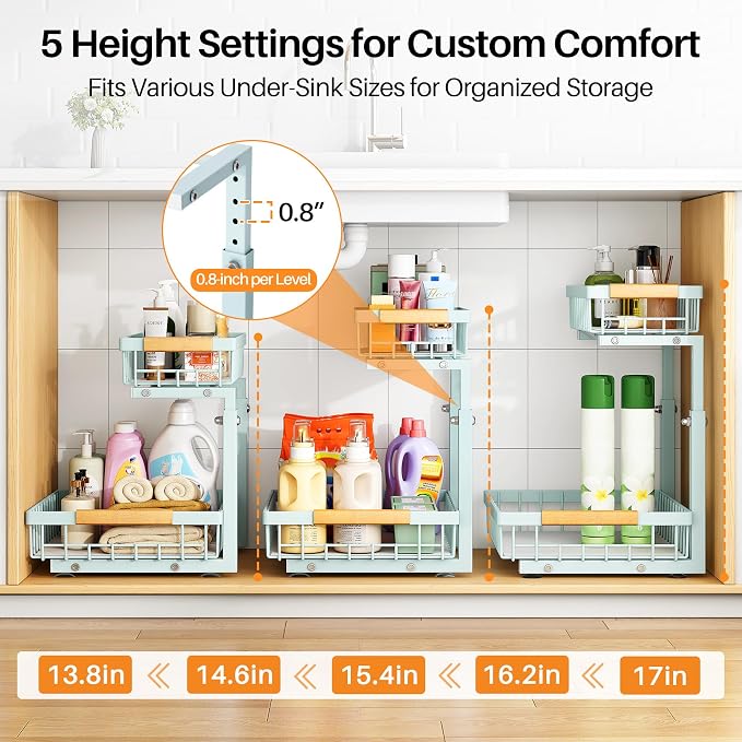 PXRACK Under Sink Organizer, Adjustable Height, 2 Tier Pull Out Under Cabinet Organizer, Slide Out Thickened Metal Under Sink Storage for Kitchen Bathroom Laundry Pantry Cabinet, Blue, Large-2-Pack