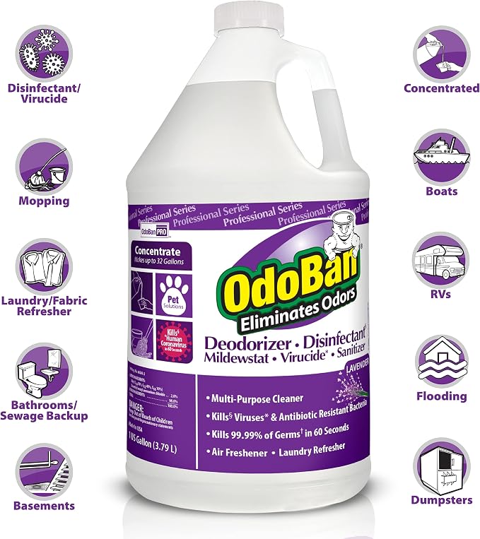 OdoBan 911162-G Disinfectant Odor Eliminator and All Purpose Cleaner Concentrate, Lavender Scent, 128 oz