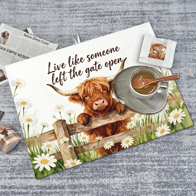 Highland Cow Dish Drying Mat, for Farmhouse Kitchen Counter Microfiber Absorbent, Funny Dish Draining Mat Extra Large 18"x24"