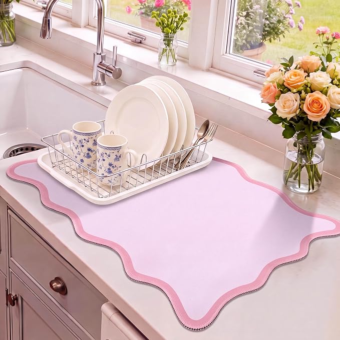 Nuanchu Pink Scalloped Coffee Mat 12" x 19" Coffee Bar Accessories Cute Dish Drying Mat for Kitchen Counter Aesthetic Waterproof Coquette Drainer Pad