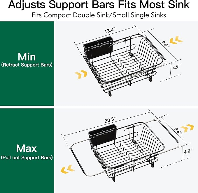 Apartment RV Small Dish Drainer Drying Rack Over The Sink In Stainless Steel for Narrow Kitchen, Counter Space Saving Compact Expandable Metal Plate Dryer Strainer, Black Adjustable Wire Drain Holder