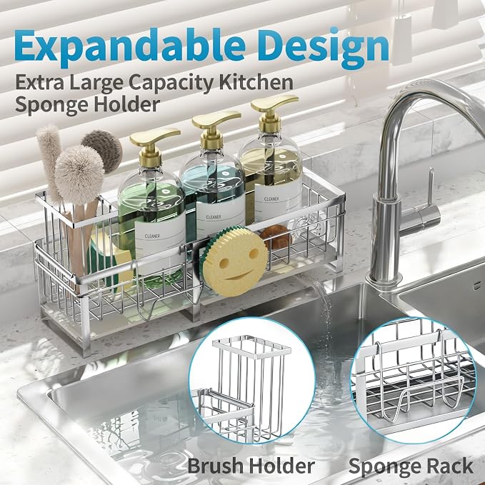 Aurblozen Extra Large Extendable Sponge Holder for Kitchen Sink, Rustproof Sink Caddy Organizer with High Brush Holder, Dish Soap Dispenser Organizers and Storage (Stainless Steel)