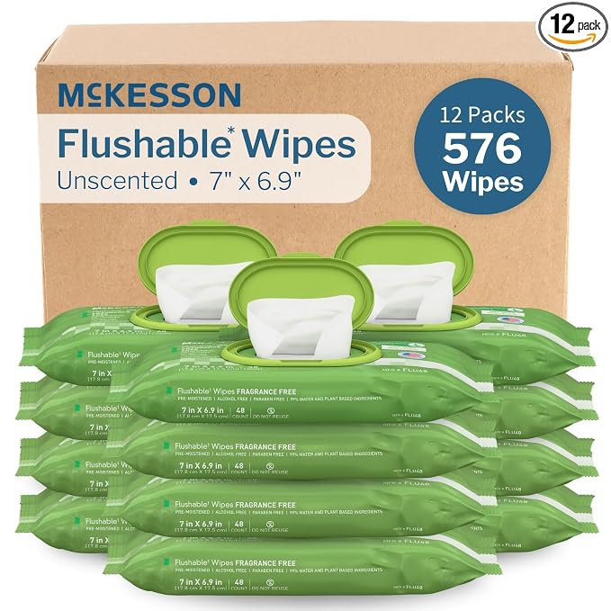 McKesson Flushable Adult Wet Wipes, Unscented, 576 Wipes (12 Pack of 48) | Plant-Based Cleansing Wipes, Unscented, Gentle on Skin, Plant-Based Adult Cleansing Wipes
