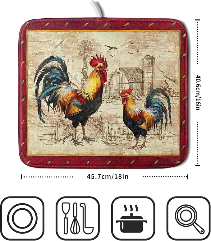 Farm Rooster Dish Drying Mat for Countertop 16x18 Inches Red Rustic Chicken Absorbent Microfiber Dry Dishes Pads Kitchen Counter Accessories