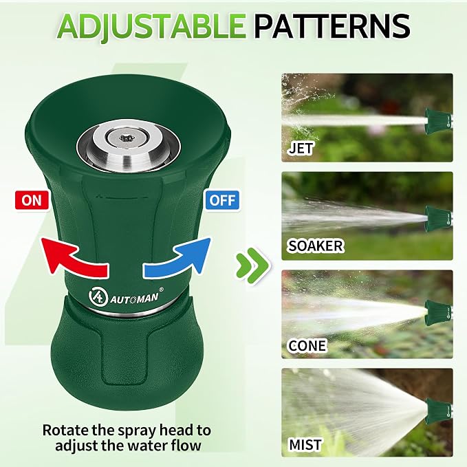 AUTOMAN Garden Hose Nozzle Heavy Duty, Fireman Hose Nozzle, High Pressure Water Hose Sprayer Nozzle, Adjustable Spray Nozzles for Washing Car, Cleaning Ground, Watering Plants, Showing Pets