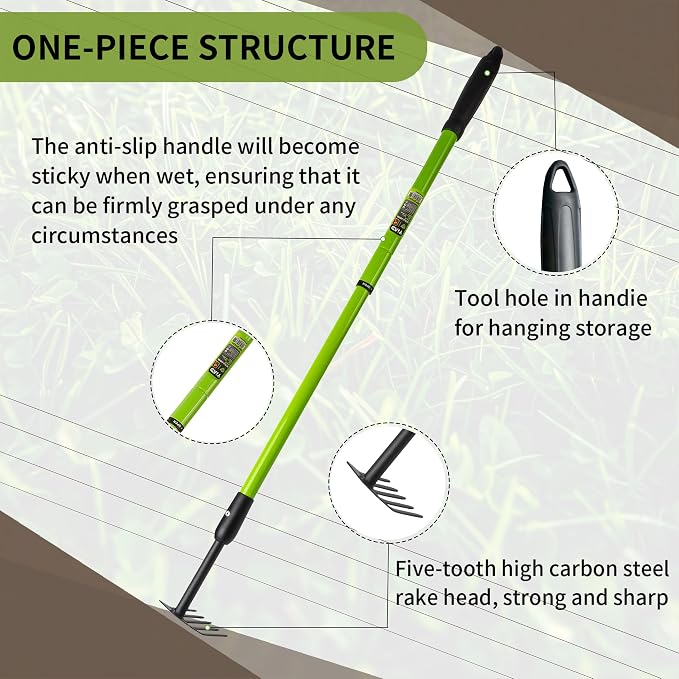 Small Garden Rake, 27-39" Telescopic Hand Cultivator | 5 Tine Metal Head, Adjustable Long Handle for Tight Spaces, Ergonomic Lawn Weeding Tool for Seniors Flower Beds Pots