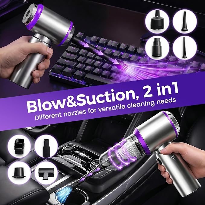 Mini Car Vacuum Cleaner Portable Cordless, 21000PA High Power Small Vacuum CleanerHandheld Vacuum, Compressed Air Duster & Air Blower & Aspiradora para Carro for Car, Home, Office, Pet