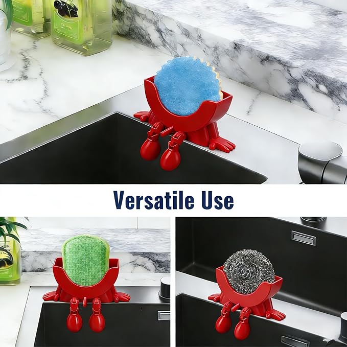 Cute Hanging Sponge Holder with Drainage,3D Printed Kitchen Funny Sponge Stand for Sink,with non-slip pads,Suitable for Scrub Daddy Holder,Keeps Your Sponge Dry Smiling (Red)