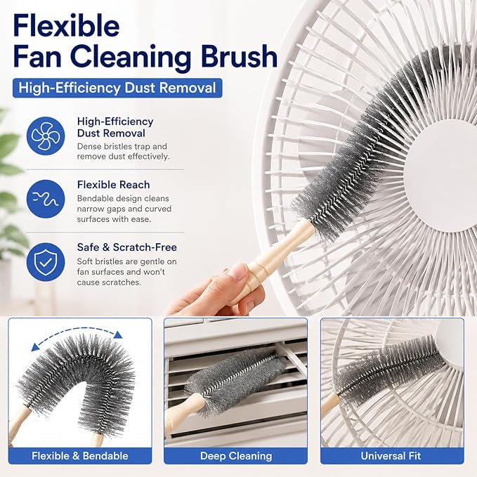 Fan Cleaning Brush, 2 Pack Bendable Microfiber Duster for Air Conditioner Vents, Car Vents & Blinds, Reusable Washable Dust Remover Tool, No-Disassembly Deep Clean (Blue + Gray)
