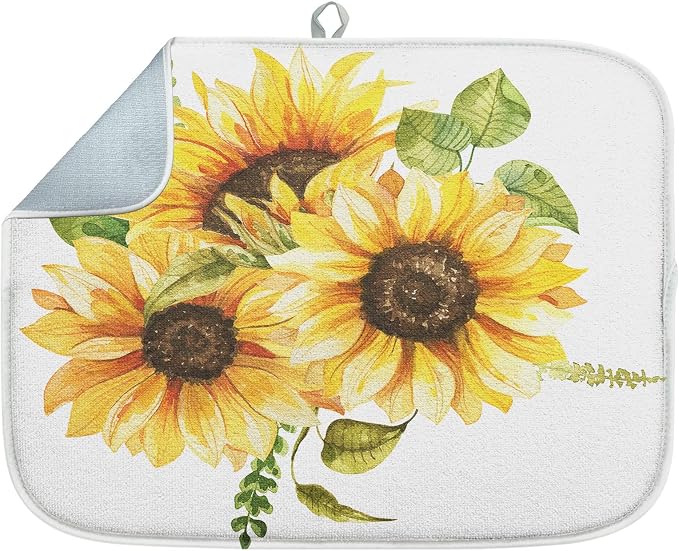 Sanwarm Absorbent Dish Drying Mat, Bouquet Daisy Flower Sun Sunflowers Microfiber Pad for Kitchen Counter, Coffee Bar Decor, Heat Resistant and Reversible, 18" x 24"