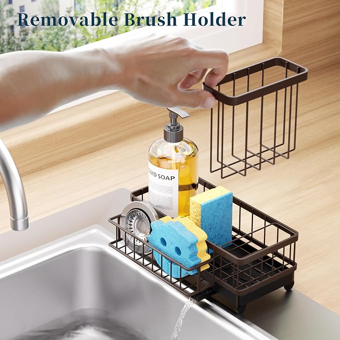 Consumest Sponge Holder for Kitchen Sink - Auto Draining Sink Caddy Organizer with Detachable Rack, High Brush Holder, Kitchen Countertop Storage Accessories, Bronze