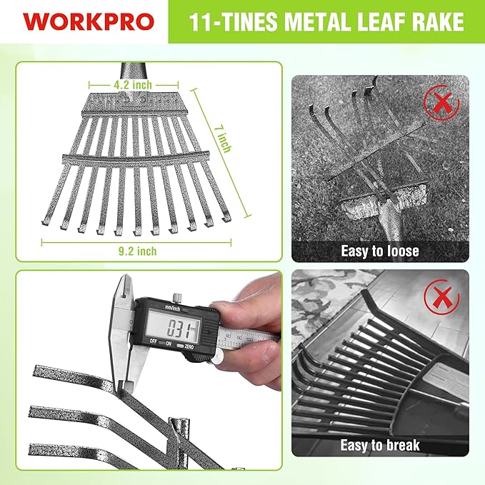 WORKPRO Rake, Small Rake for Leaves with 72” Adjustable Long Handle | 11 Steel Tines, Heavy Duty Metal Leaf Rakes for Garden, Lawn, Yard, Flower Bed, Narrow Rakes 9" Wide Head for Tight Spaces