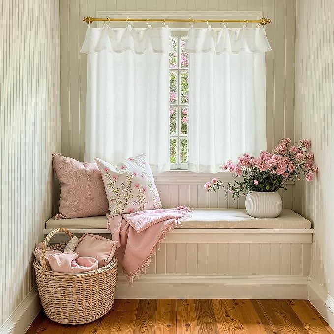 jinchan Linen Tier Kitchen Curtains, 30x36, 2 Panels, Beige White | Light filtering, rod pocket, farmhouse, small window decor, cafe style, machine washable, bathroom, laundry room, RV