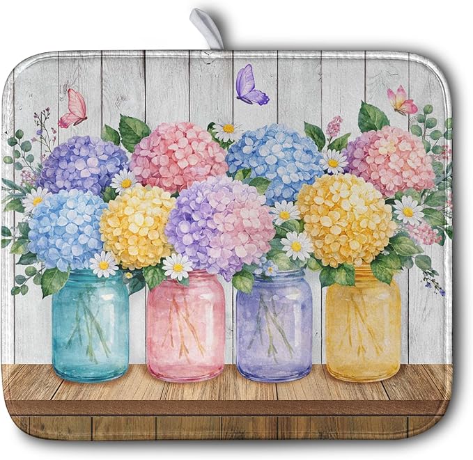 Hydrangea Dish Drying Mat for Kitchen Counter Spring Summer Floral Vases dish mat Microfiber Absorbent Dish Drainer Pad Rustic Farmhouse Floral Wooden Board Dish Draining Mats 16x18 Inch