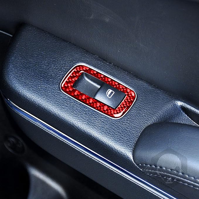 Window Switch Panel Trim Fit for Dodge Charger/Chrysler 300 2011-2023 | Real Carbon Fiber | Accessories | Rear Door Window Lift Switch Panel Trim | Thick Overlay | Self-adhesive | Red