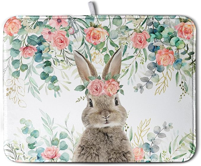 Easter Rabbit Dish Drying Mats for Kitchen Counter Easter Spring Watercolor Floral Bunny Absorbent Dish Drying Mat 18x24 Inch Absorbent Reversible Reusable Washable Dishes Drainer Mats