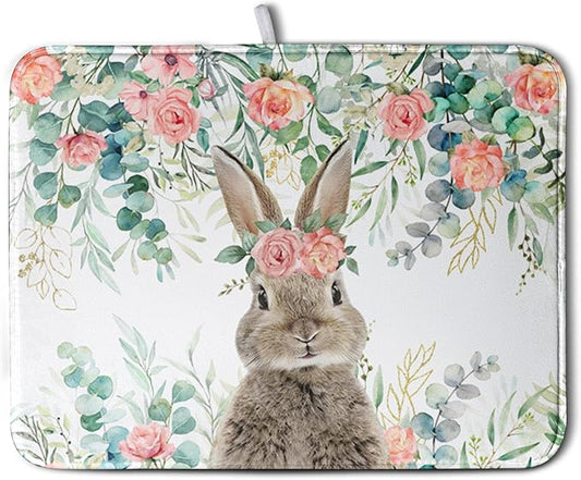 Easter Rabbit Dish Drying Mats for Kitchen Counter Easter Spring Watercolor Floral Bunny Absorbent Dish Drying Mat 18x24 Inch Absorbent Reversible Reusable Washable Dishes Drainer Mats