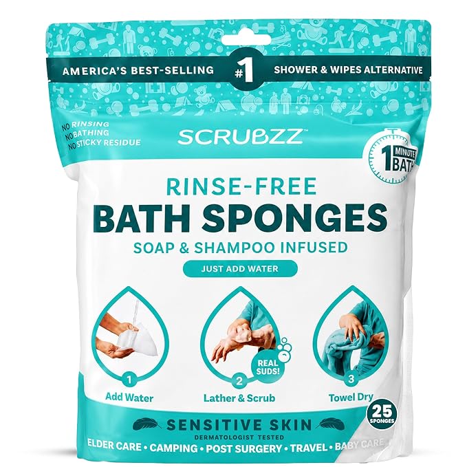 Scrubzz Disposable No Rinse Bathing Wipes for Senstive Skin - 25 Pack - All-in-1 Single Use Shower Wipes, Simply Dampen, Lather, and Dry Without Shampoo or Rinsing (Sensitive Skin, 1-Pack)