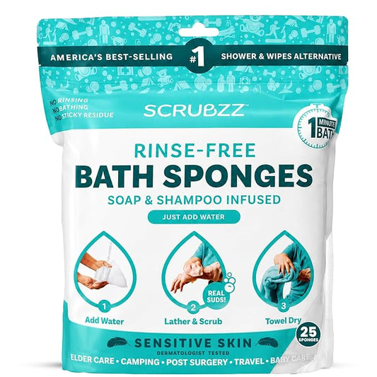 Scrubzz Disposable No Rinse Bathing Wipes for Senstive Skin - 25 Pack - All-in-1 Single Use Shower Wipes, Simply Dampen, Lather, and Dry Without Shampoo or Rinsing (Sensitive Skin, 1-Pack)
