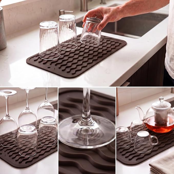 MicoYang Silicone Dish Drying Mat for Multiple Usage,Easy clean,Eco-friendly,Heat-resistant Silicone Mat for Kitchen Counter or Sink,Refrigerator or Drawer Liner Coffee S 12 inches x 6 inches