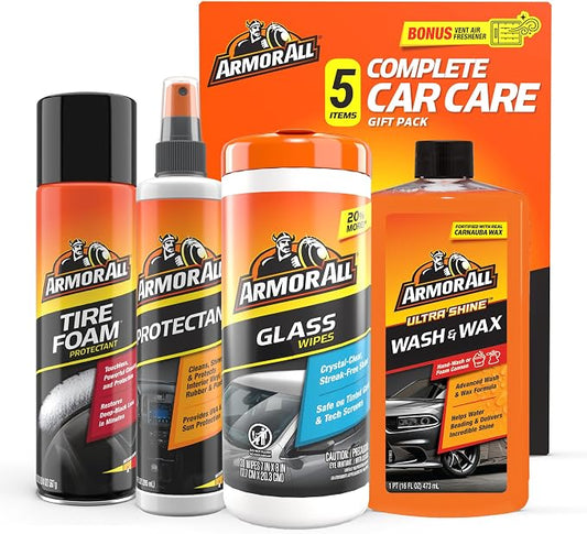 Armor All Car Cleaning Kit, Glass Wipes, Protectant, Wash & Wax, Tire Foam | 4-piece car wash detailing kit with ammonia-free glass wipes and UV protectant spray for interior surfaces