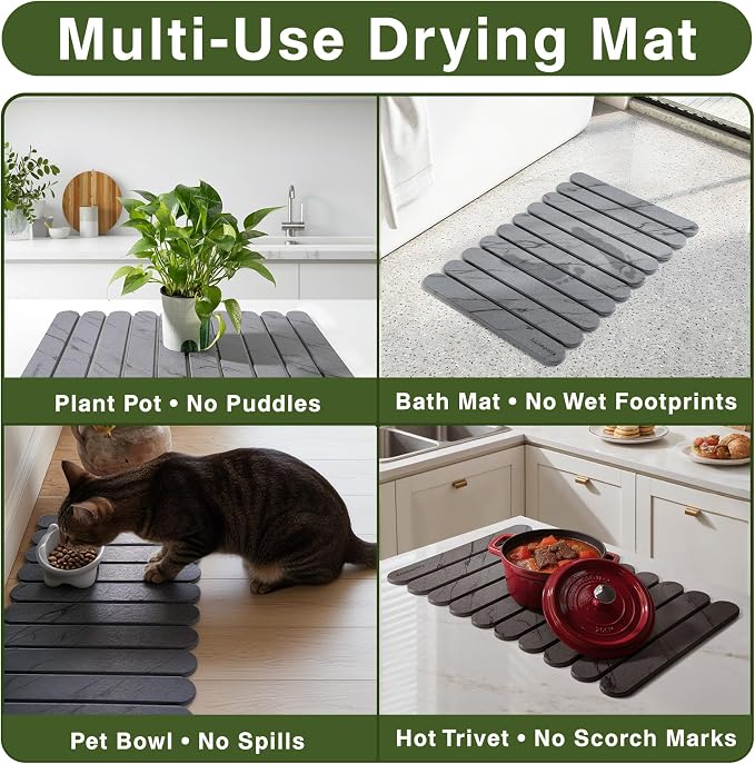 Stone Drying Mat for Kitchen Counter, 24"x16" Quick Dry Stone Dish Drying Mat, Foldable Absorbent Diatomaceous Earth Pad for Plates Cups Utensils (Dark Gray)