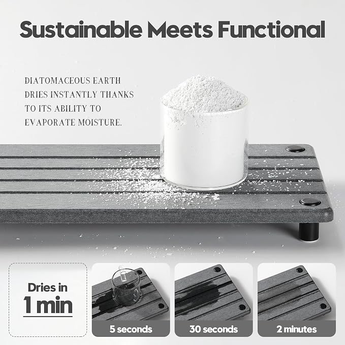 Razborci Instant Dry Sink Caddy Kitchen Sink Organizer, Quick Drying Stone Tray Diatomite Sponge Holder Soap Dish, Bathroom Countertop Fast Dry Water Absorbing Vanity Rack, Dark Gray,12" x 5"