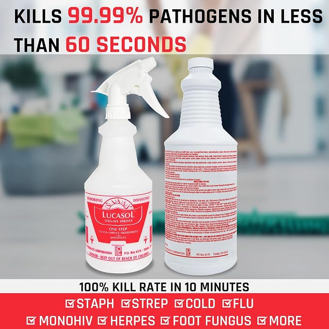 Lucasol One Step Disinfectant, 32 Fl Oz Disinfectant & 24 Oz Empty Refillable Spray Bottle Combo. Multi Purpose Cleaner Spray For Hospitals, Schools, Salons, Household Cleaning And More